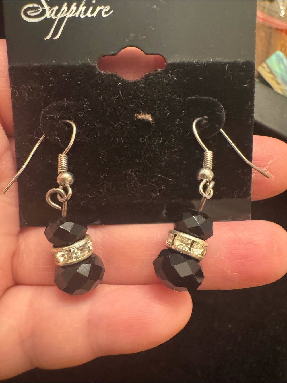 Sapphire Black Faceted Bead Rhinestone Dangle Drop Earrings Silver Tone